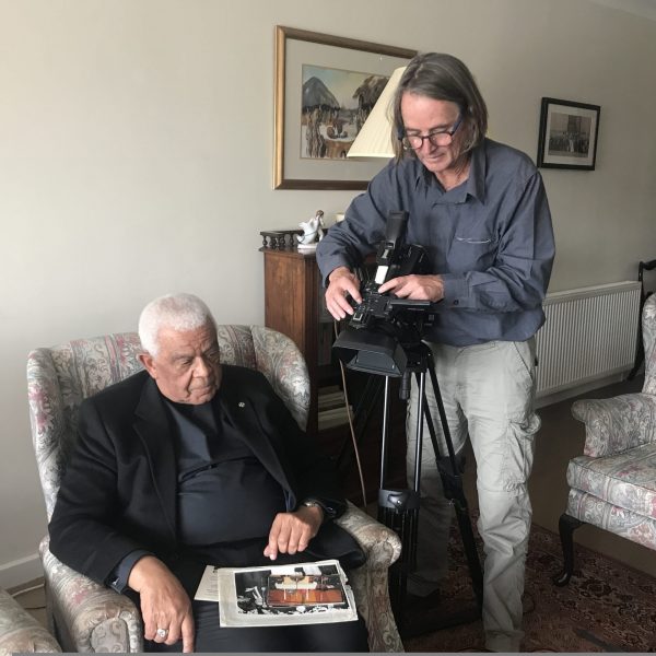 Guy Spiller recording an interview for the Liliesleaf exhibition on Norwegian solidarity with Bishop Walter Makhulu, London, 2017.