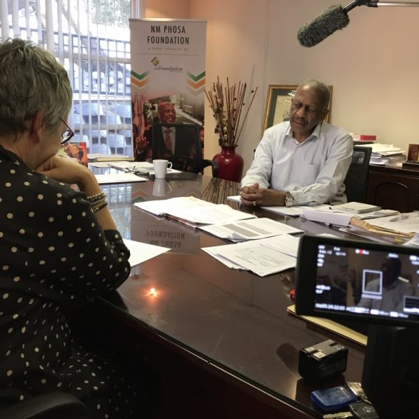 Bea Roberts interviews anti-apartheid activist Dr Mathews Phosa for the GDR exhibition at Liliesleaf at his offices in Johannesburg, 2018.